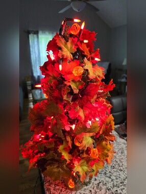 23" Fall Faux Tree Decor with Leaves & Pumpkin Lights